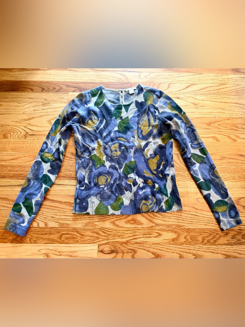 White + Warren 100% Cashmere Floral Sweater Women M Blue Green Watercolor